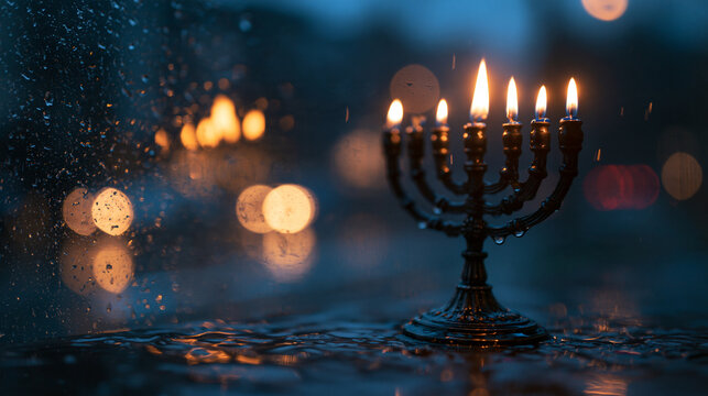 Lit Menorah by Rainy Window at Night