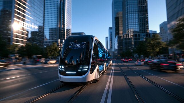 Futuristic Autonomous Electric Tram Driving in Modern City