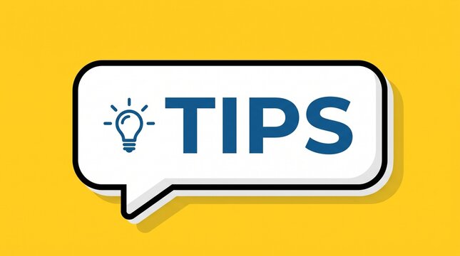 Bold Tips Text in White Speech Bubble with Blue Outline and Light Bulb Icon on Bright Yellow Background Symbolizing Helpful Advice Ideas and Guidance
