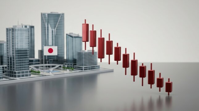 Miniature Japanese cityscape with a declining stock market graph of red candlestick charts