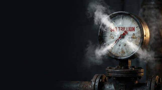 A cracked pressure gauge displays 40 TRILLION with steam escaping from rusty pipes