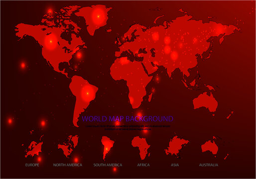 Red world map background with glowing hotspots, global pandemic spread infographic vector, dark digital earth map with continent icons