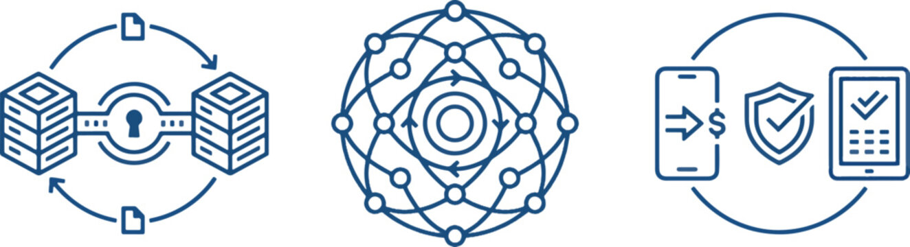 Secure Server Encryption Decentralized Network Mobile Fintech Line Art