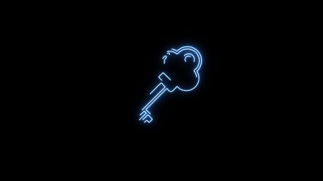 Neon key icon, glowing security symbol, futuristic cybersecurity access animation, digital privacy protection, cyber lock concept, luminous blue neon key on black background, 4k