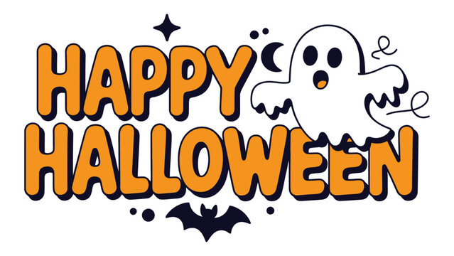 Happy halloween typography design with a cute cartoon ghost and a small bat illustration