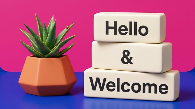 Hello welcome message with aloe vera plant on colorful background