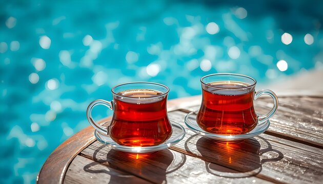 Two traditional glass tea cups filled with hot herbal tea placed on a wooden table beside a sparkling swimming pool