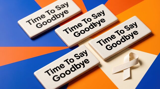 Goodbye message tiles with ribbon on colorful background