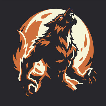 Aggressive Howling Werewolf Full Moon Vector Emblem