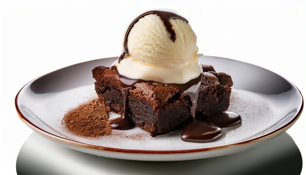 a rich chocolate fudge brownie topped with a scoop of vanilla ice cream isolated on a white background