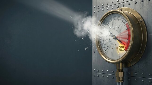 A pressure gauge displaying 40 trillion with a cracked glass and steam escaping from the breach