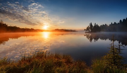 Obraz premium misty sunrise over calm lake