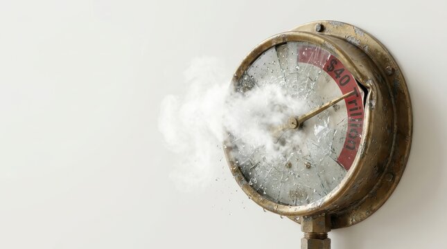 Old pressure gauge with cracked glass emits steam and displays ' 40 Trillion' world economy