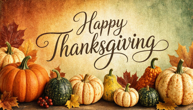 Happy Thanksgiving Script with Gourds Illustration