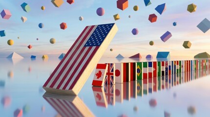 Obraz premium A long line of dominoes decorated with national flags extends across a reflective surface