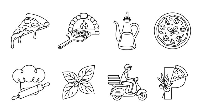 Pizza restaurant icons set, continuous line art vector illustration