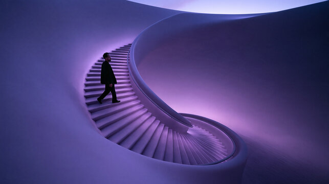 Businessman Walking Up Futuristic Spiral Staircase