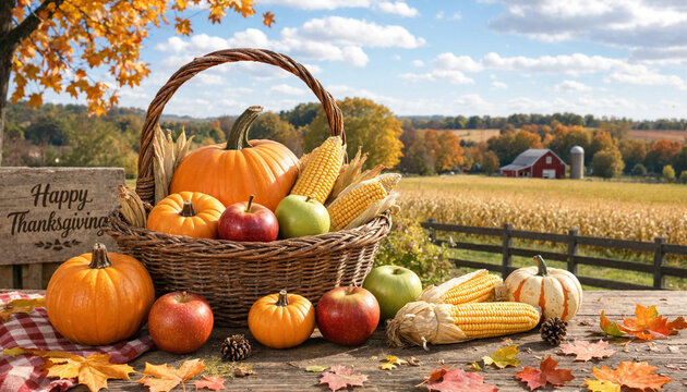Harvest Basket on Table Autumn Background Banner