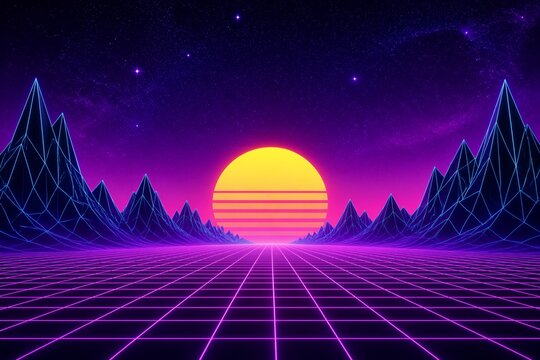 Neon grid sunset over wireframe mountains in synthwave landscape