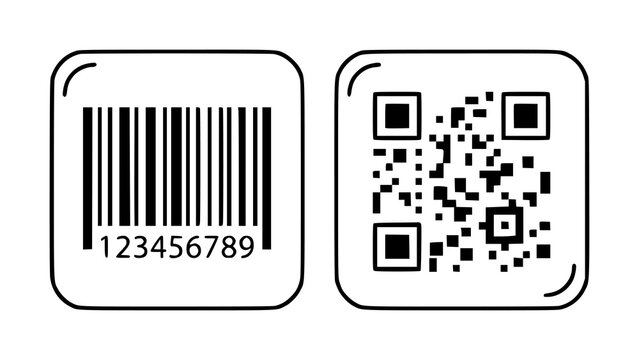 A set of two square featuring a traditional linear barcode and a modern digital qr code for scanning