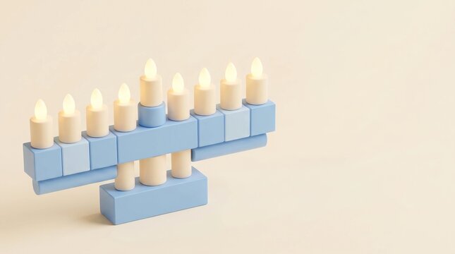 Modern minimalist geometric Hanukkah menorah with glowing candles made of pastel blue and beige shapes on a clean solid background 3D render.