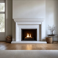 Obraz premium White fireplace, modern living room, wooden floor, cozy atmosphere, minimalist decor, burning fire, natural light