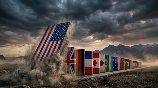 A row of national flags are falling like dominoes with the US flag toppling over