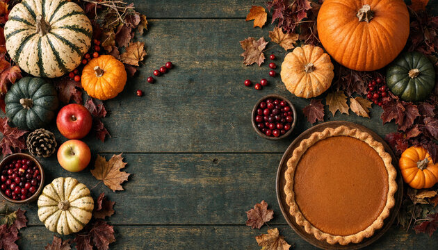 Moody Autumn Pumpkin Pie Flat Lay Background