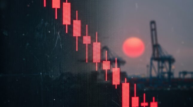 Red candlestick chart showing a downward trend overlaid on a blurry industrial port scene at sunset