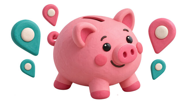 A cute pink piggy bank surrounded by location pins, symbolizing savings for travel or adventures , Transparent Background, AI generative