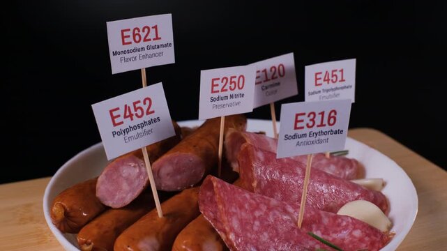 A plate of assorted sausages rotates on a wooden board with E250, E452, E621 and E120 markers among rosemary and garlic. Processed meat warning concept