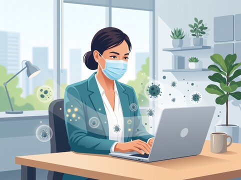 Woman wearing a face mask working on a laptop in an office with remote work