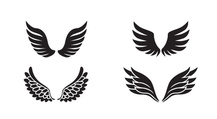 Fototapeta premium Four decorative black angel wing designs in different shapes and feather styles isolated on white background, vector illustration
