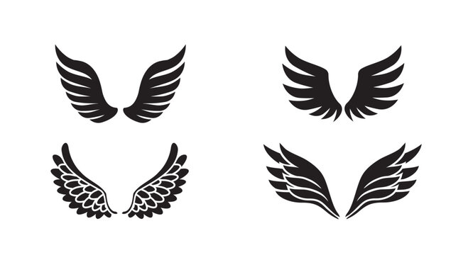 Four decorative black angel wing designs in different shapes and feather styles isolated on white background, vector illustration