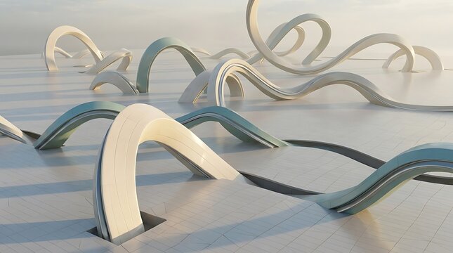 A stunning architectural rendering featuring a modern parametric ribbon atrium design with flowing organic shapes and intricate structural details in a bright