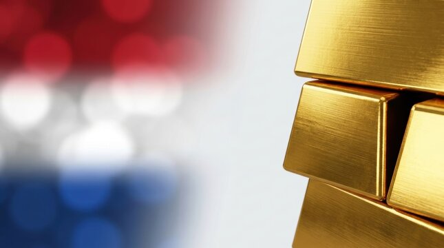 Stack of shiny gold bars against a blurred bokeh of red white and blue lights world economy