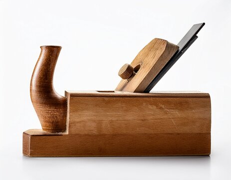 classic wood hand plane on pure white background