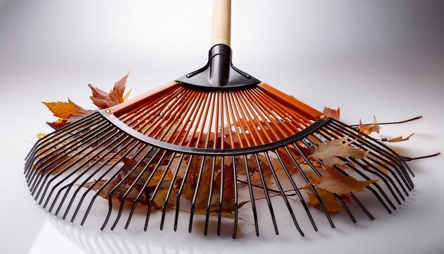 garden leaf rake with spread tines on white surface