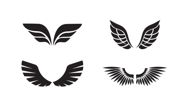 Vector illustration of four black stylized angel wing pairs in different shapes, isolated on white background