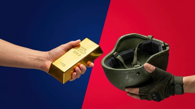 A hand offers a gold bar in exchange for a military helmet against a split background