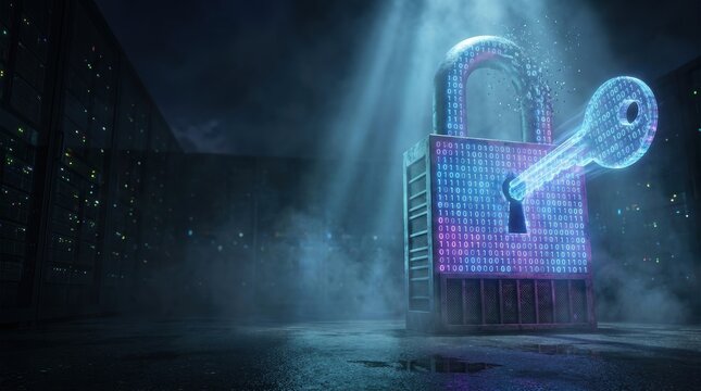 Digital padlock unlocking with a glowing binary code key in a dark server room world economy