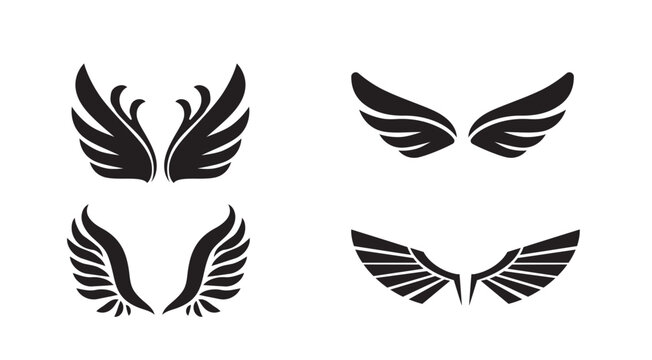 Vector illustration of four decorative black wing pairs in different stylized shapes isolated on white background
