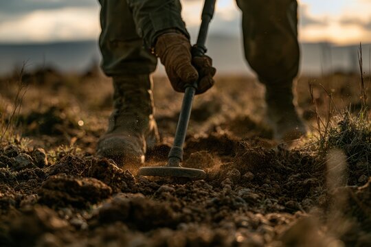 Soldier's hand sweeping a metal detector over dusty ground