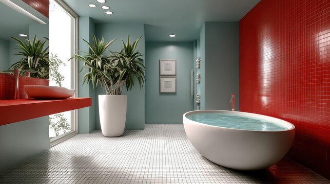 Modern turquoise bathroom with red accent wall, oval bathtub, large potted plant, and natural light create relaxing atmosphere