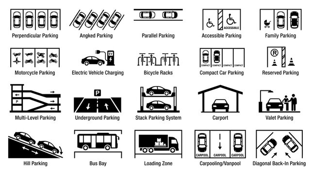 Parking icons set with 20 black pictograms, car parking symbols for urban planning, vehicle garage and transportation signage collection