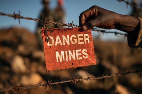Hand holding a danger mines sign attached to barbed wire, warning of landmine danger