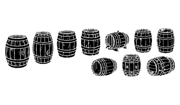 Rustic Wooden Barrel Silhouette Collection, Vintage Cask and Keg Vector Illustrations