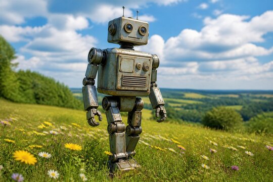 Retro robot walking through wildflower meadow in countryside