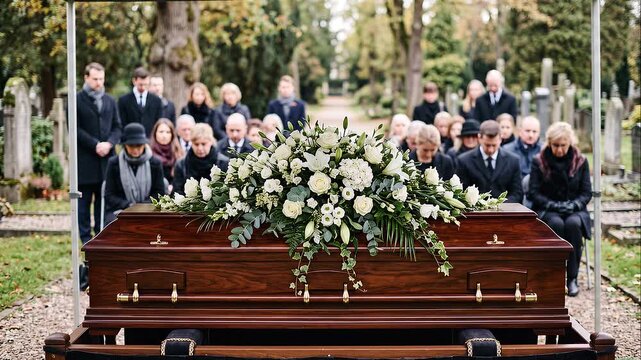 Wooden coffin covered with white flowers and greenery during a peaceful outdoor funeral ceremony, with grieving mourners gathered in a cemetery for a final farewell.