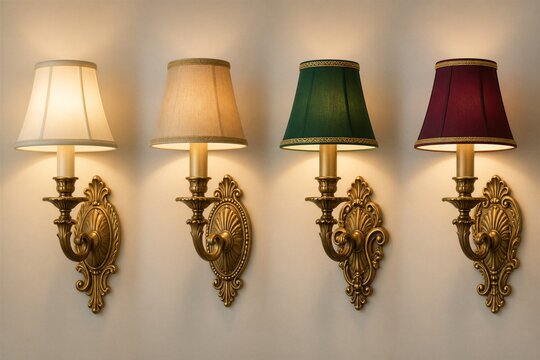 Row of ornate wall lamps lit with varied fabric shades